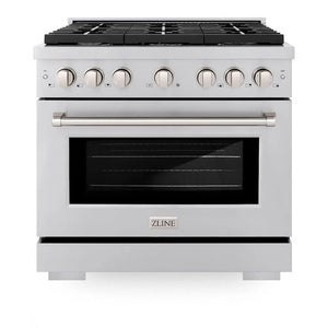ZLINE 36 in. 5.2 cu. ft. Paramount Gas Range with 6 Burner Cooktop and Convection Gas Oven in Stainless Steel (SGR36) front, oven closed.
