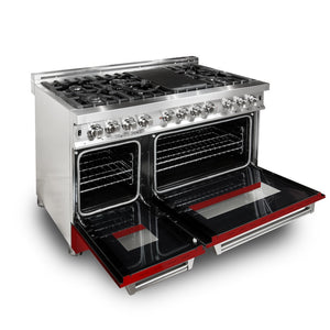 ZLINE 48 in. 6.0 cu. ft. Legacy Dual Fuel Range with 7 Burner Gas Cooktop and 2 Electric Ovens in Stainless Steel and Red Matte Doors (RA-RM-48) side, oven open.