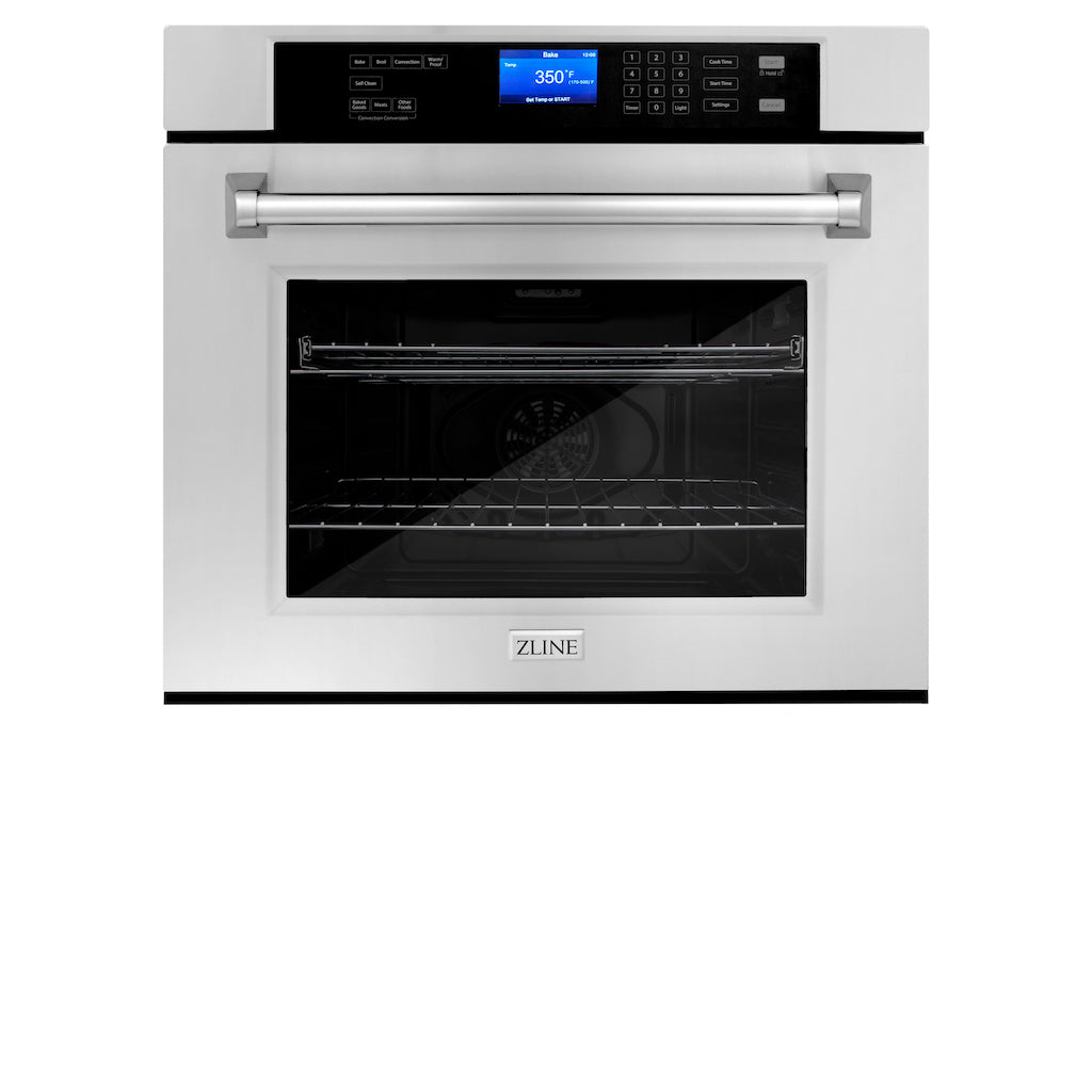 ZLINE Stainless Steel 24 in. Built-in Convection Microwave Oven and 30 in. Single Wall Oven with Self Clean (2KP-MW24-AWS30) front.