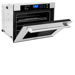 ZLINE Stainless Steel 24 in. Built-in Convection Microwave Oven and 30 in. Single Wall Oven with Self Clean (2KP-MW24-AWS30) side, half open.