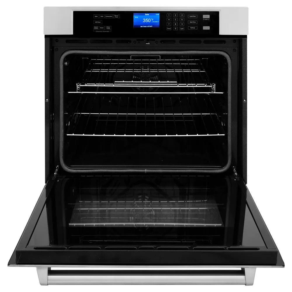 ZLINE Stainless Steel 24 in. Built-in Convection Microwave Oven and 30 in. Single Wall Oven with Self Clean (2KP-MW24-AWS30) front, open.