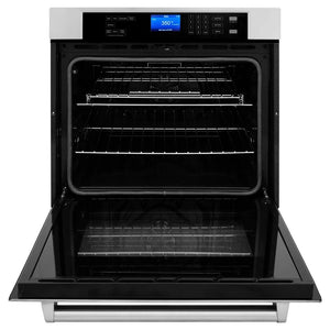 ZLINE Stainless Steel 24 in. Built-in Convection Microwave Oven and 30 in. Single Wall Oven with Self Clean (2KP-MW24-AWS30) front, open.
