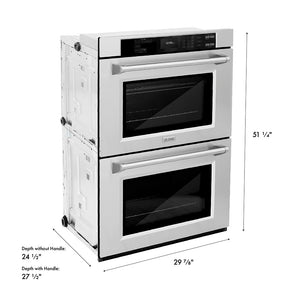 ZLINE 30 in. Professional True Convection Double Wall Oven with Air Fry and Self Clean in Stainless Steel (WAD-30) with dimensions labeled on a white background