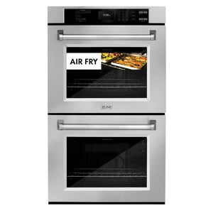 ZLINE 30 in. Professional True Convection Double Wall Oven with Air Fry and Self Clean in Stainless Steel (WAD-30) front, with air fry food in top oven.