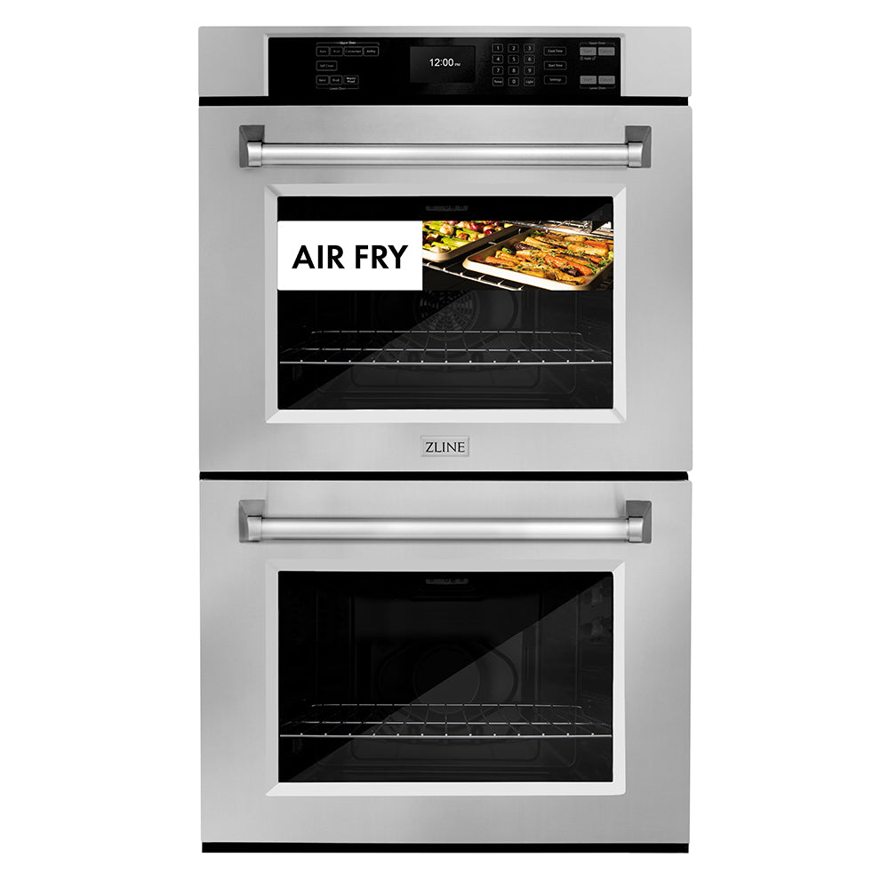 ZLINE 30 in. Professional True Convection Double Wall Oven with Air Fry and Self Clean in Stainless Steel (WAD-30) with air fry feature on a white background
