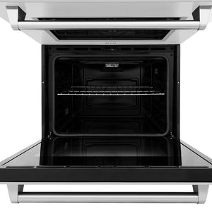 ZLINE 30 in. Professional True Convection Double Wall Oven with Air Fry and Self Clean in Stainless Steel (WAD-30) with open door on a white background