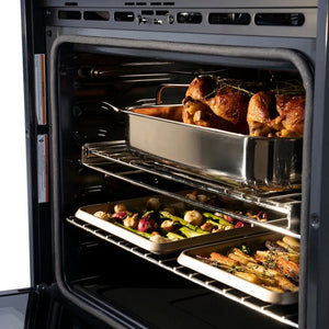 ZLINE 30 in. Professional True Convection Single Wall Oven with Air Fry and Self Clean in Stainless Steel (WAS-30) roasting chicken and vegetables in a roasting pan.