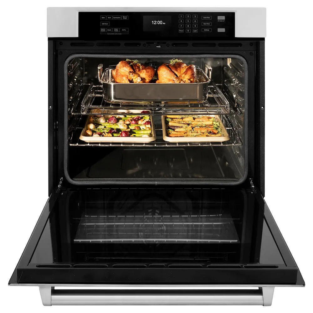ZLINE 30 in. Professional True Convection Single Wall Oven with Air Fry and Self Clean in Stainless Steel (WAS-30) front, open, with food.