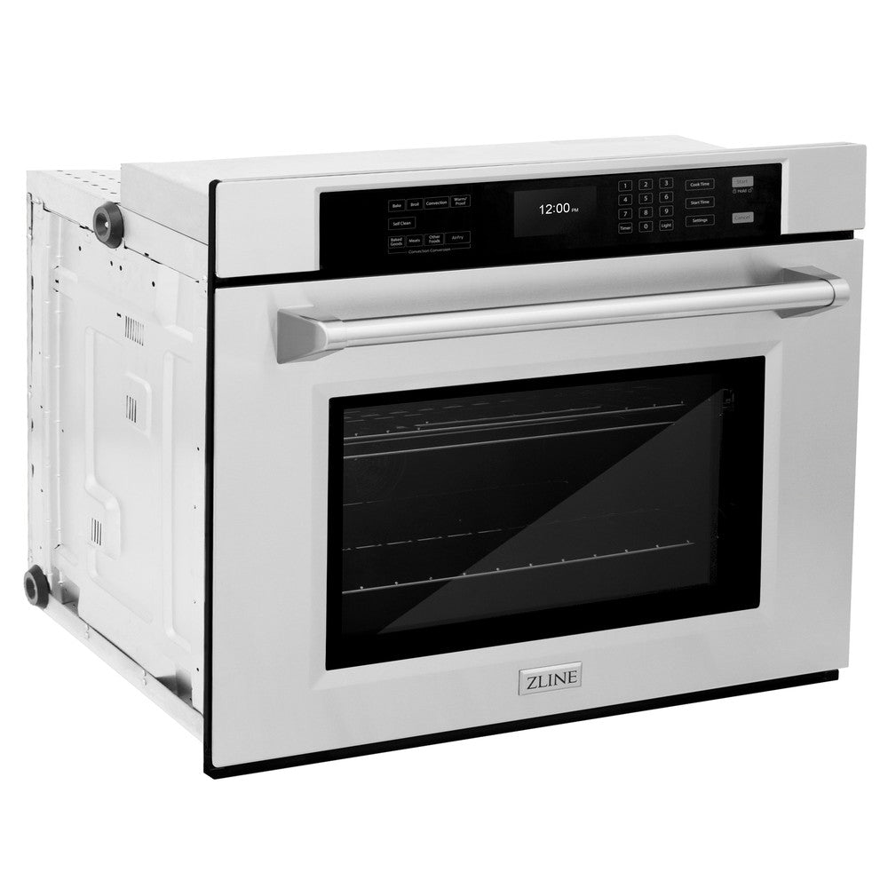 ZLINE 30 in. Professional True Convection Single Wall Oven with Air Fry and Self Clean in Stainless Steel (WAS-30) side.