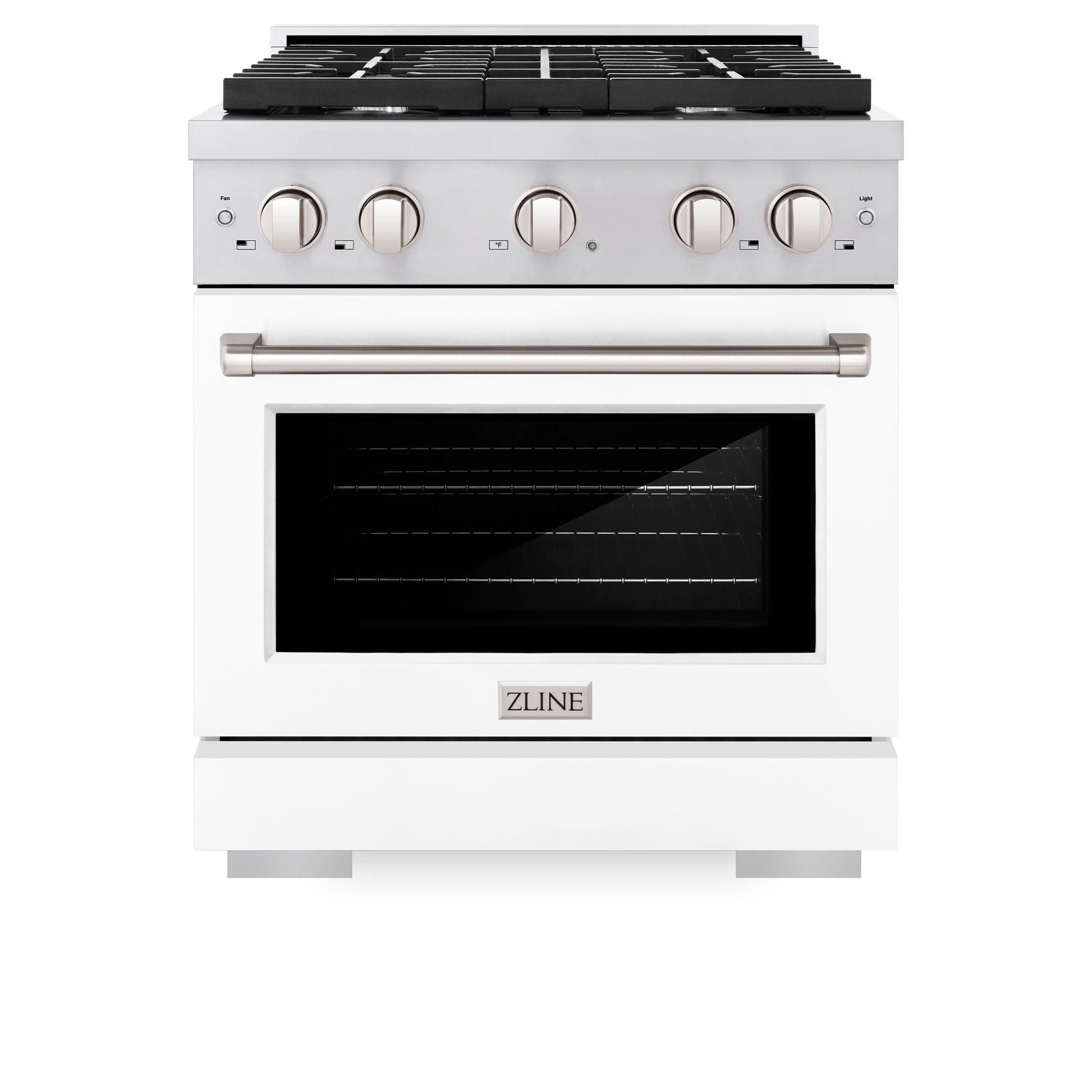 ZLINE 30 in. 4.2 cu. ft. Paramount Dual Fuel Range with 4 Burner Gas Cooktop and Electric Convection Oven in Stainless Steel with White Matte Door (SDR-WM-30) front, oven closed.