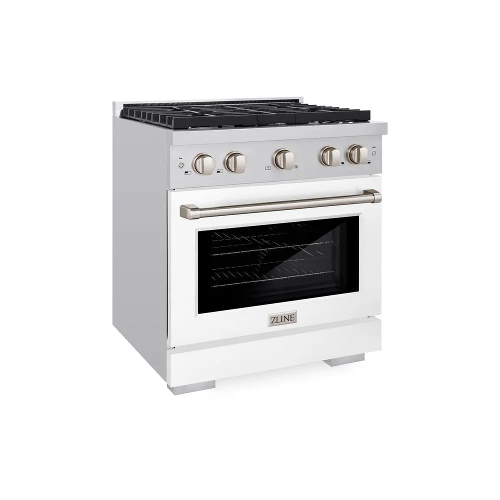 ZLINE 30 in. 4.2 cu. ft. Paramount Dual Fuel Range with 4 Burner Gas Cooktop and Electric Convection Oven in Stainless Steel with White Matte Door (SDR-WM-30) main image.