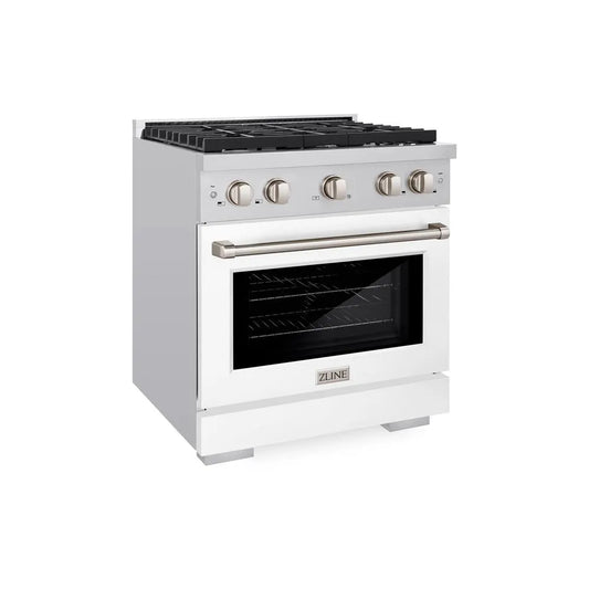ZLINE 30 in. 4.2 cu. ft. Paramount Dual Fuel Range with 4 Burner Gas Cooktop and Electric Convection Oven in Stainless Steel with White Matte Door (SDR-WM-30) main image.