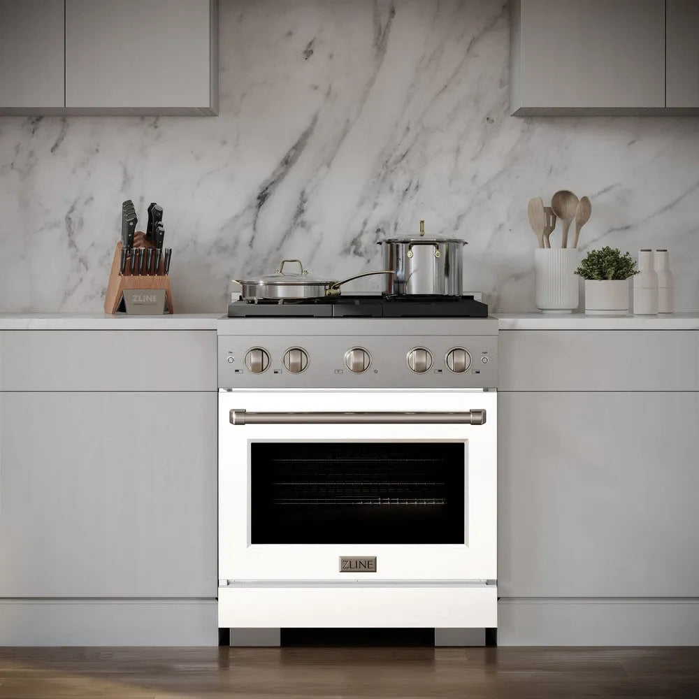 ZLINE 30 in. 4.2 cu. ft. Paramount Dual Fuel Range with 4 Burner Gas Cooktop and Electric Convection Oven in Stainless Steel with White Matte Door (SDR-WM-30) in a luxury kitchen, front.