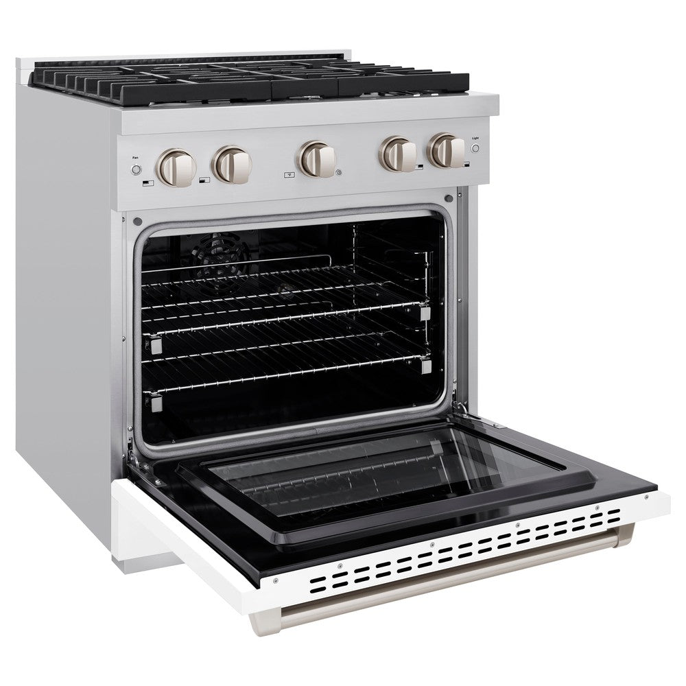 ZLINE 30 in. 4.2 cu. ft. Paramount Dual Fuel Range with 4 Burner Gas Cooktop and Electric Convection Oven in Stainless Steel with White Matte Door (SDR-WM-30) side, oven open.