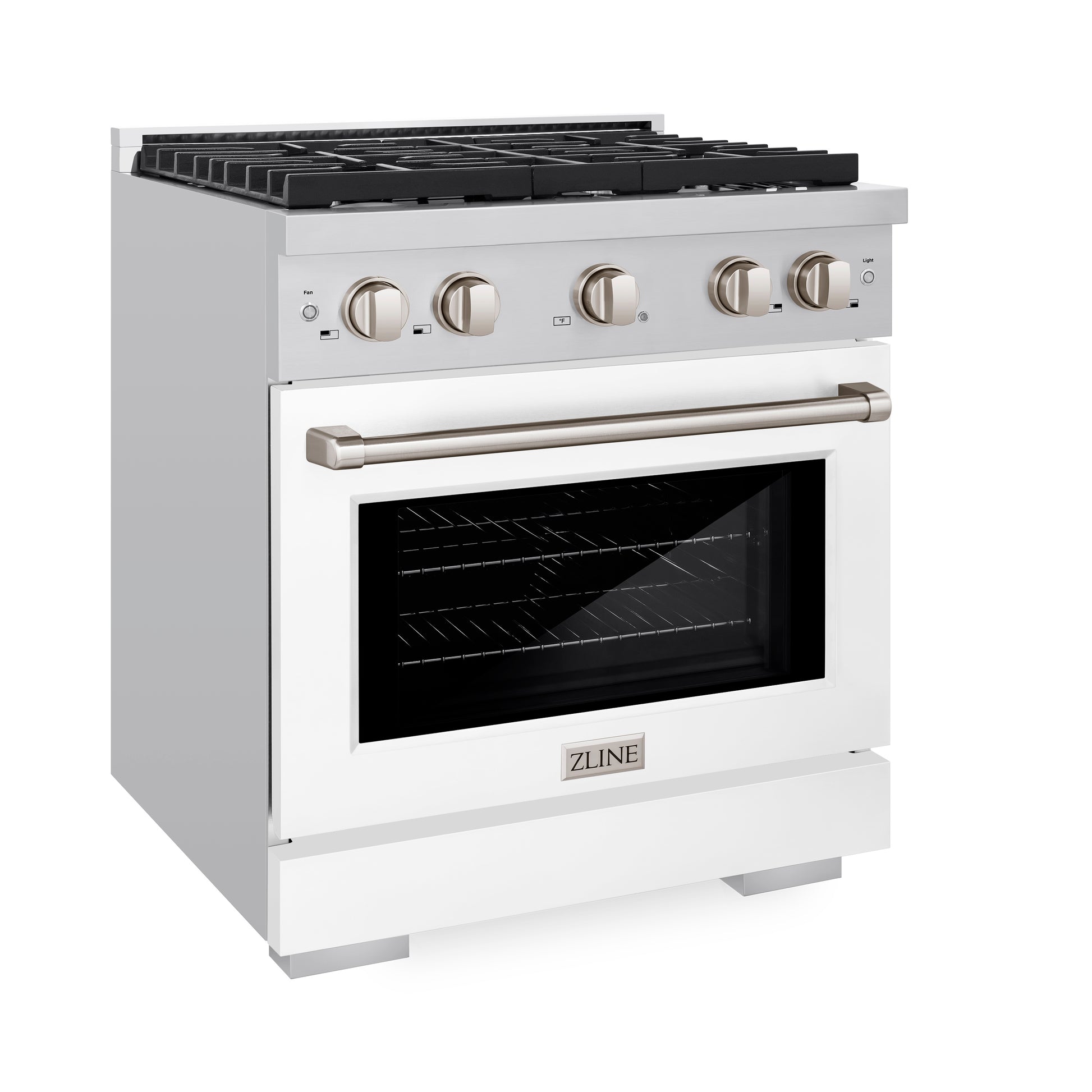 ZLINE 30 in. 4.2 cu. ft. Paramount Dual Fuel Range with 4 Burner Gas Cooktop and Electric Convection Oven in Stainless Steel with White Matte Door (SDR-WM-30) side, oven closed.