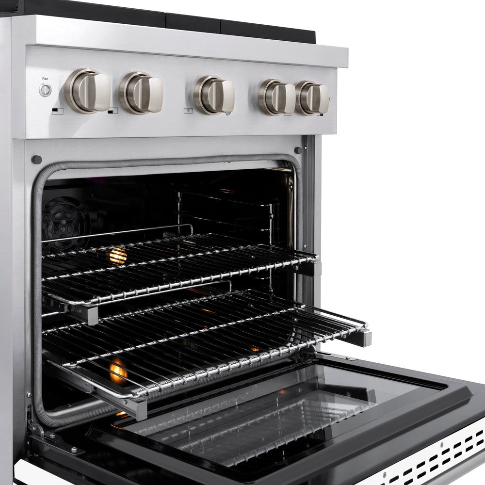 ZLINE 30 in. 4.2 cu. ft. Paramount Dual Fuel Range with 4 Burner Gas Cooktop and Electric Convection Oven in Stainless Steel with White Matte Door (SDR-WM-30) close-up detail, oven open with racks extended.