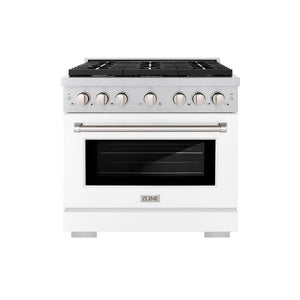 ZLINE 36 in. 5.2 cu. ft. Paramount Dual Fuel Range with 6 Burner Gas Cooktop and Electric Convection Oven in Stainless Steel with White Matte Door (SDR-WM-36) front, oven closed.