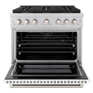 ZLINE 36 in. 5.2 cu. ft. Paramount Dual Fuel Range with 6 Burner Gas Cooktop and Electric Convection Oven in Stainless Steel with White Matte Door (SDR-WM-36) front, oven open.