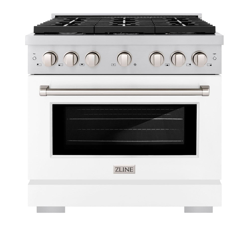 ZLINE 36 in. 5.2 cu. ft. Paramount Dual Fuel Range with 6 Burner Gas Cooktop and Electric Convection Oven in Stainless Steel with White Matte Door (SDR-WM-36) front, oven closed.