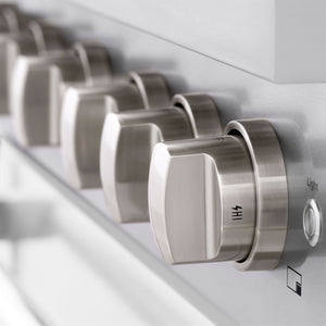 ZLINE 36 in. 5.2 cu. ft. Paramount Dual Fuel Range with 6 Burner Gas Cooktop and Electric Convection Oven in Stainless Steel with White Matte Door (SDR-WM-36) knobs.