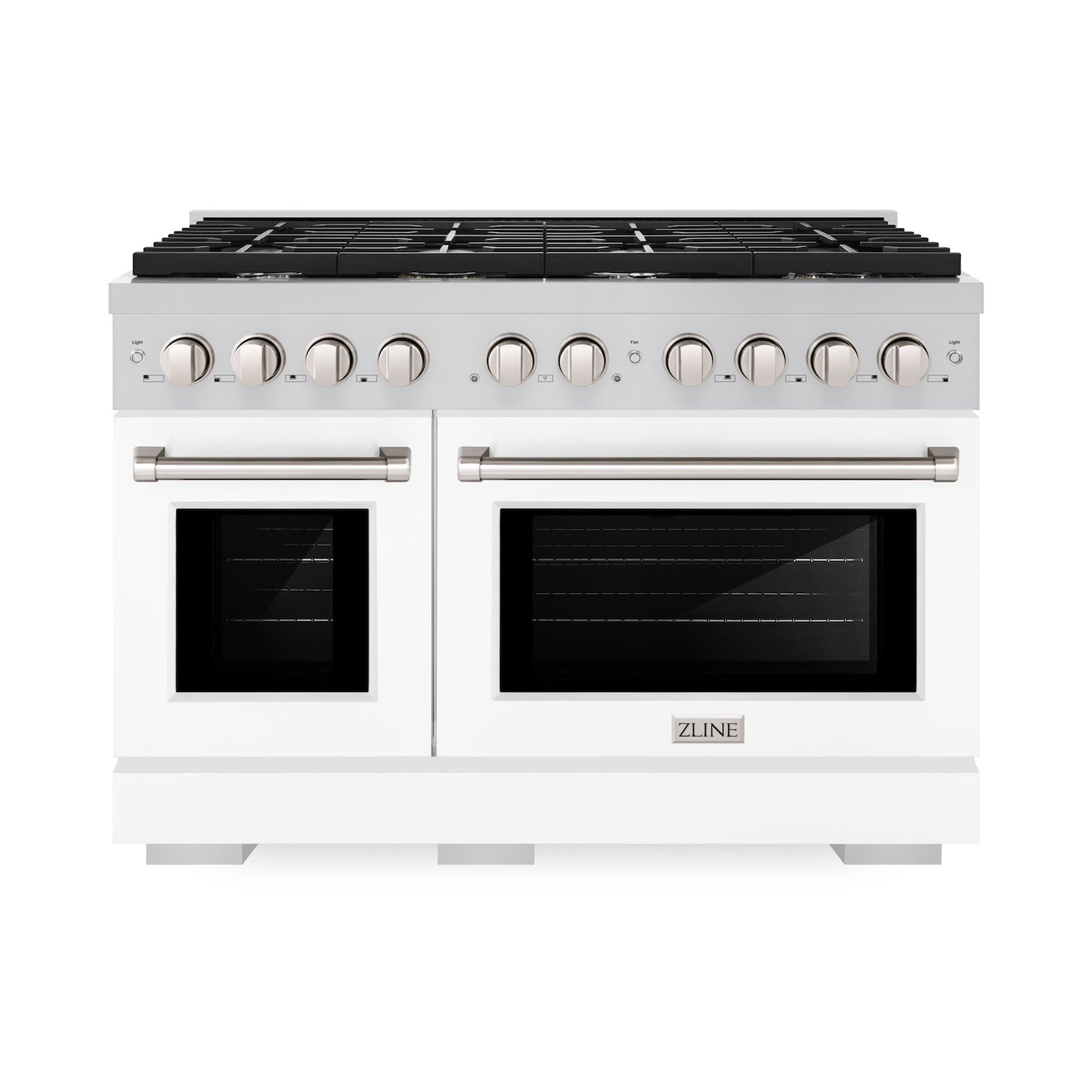 ZLINE 48 in. 6.7 cu. ft. Paramount Double Oven Dual Fuel Range with 8 Burner Gas Cooktop in Stainless Steel with White Matte Doors (SDR-WM-48) front.