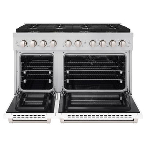 ZLINE 48 in. 6.7 cu. ft. Paramount Double Oven Dual Fuel Range with 8 Burner Gas Cooktop in Stainless Steel with White Matte Doors (SDR-WM-48) front, open.