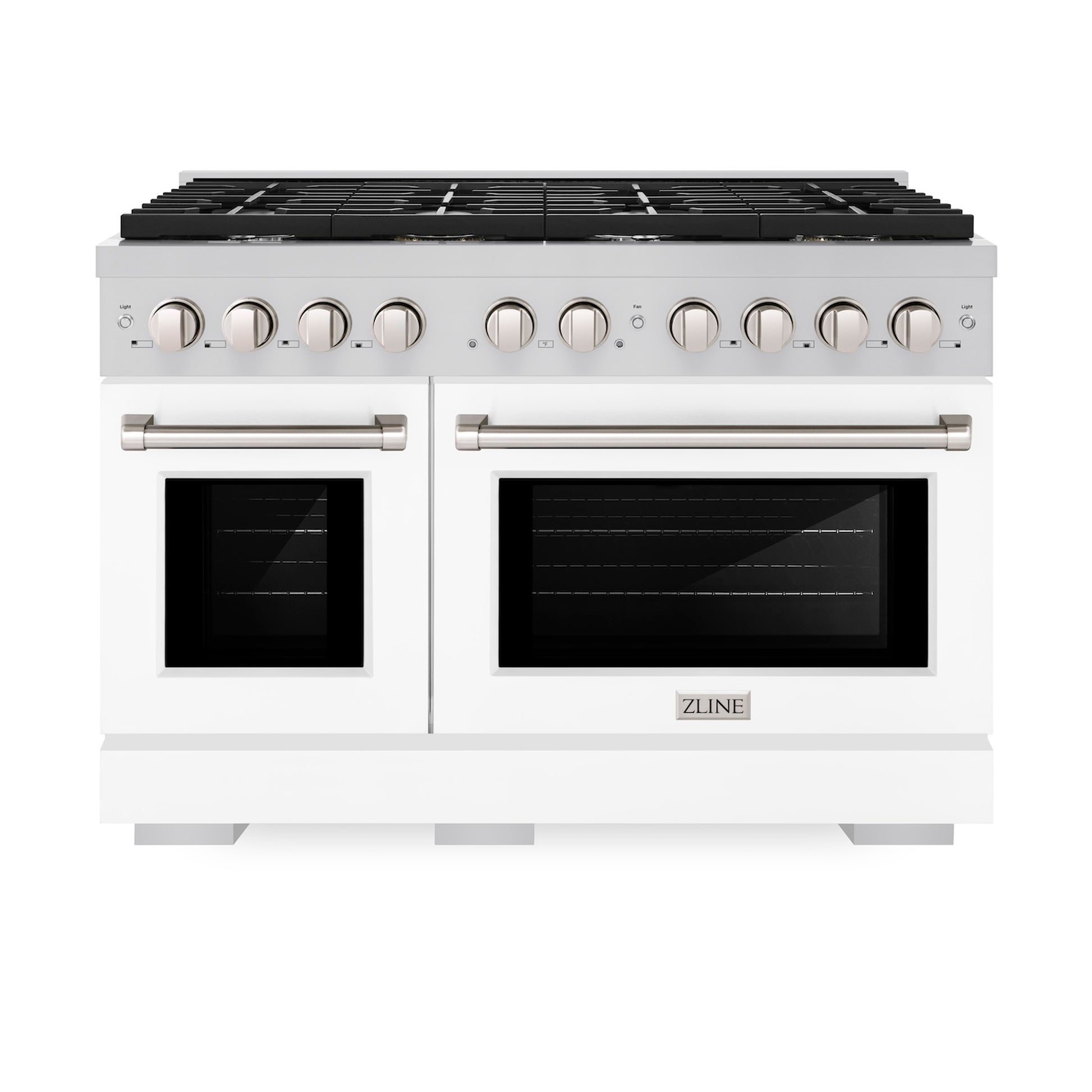 ZLINE 48 in. 6.7 cu. ft. Paramount Double Oven Dual Fuel Range with 8 Burner Gas Cooktop in Stainless Steel with White Matte Doors (SDR-WM-48) front, oven closed.