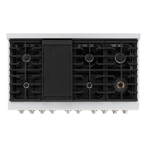 ZLINE 48 in. 6.7 cu. ft. 8 Burner Double Oven Gas Range in Stainless Steel with White Matte Doors (SGR-WM-48) from above, showing gas burners, black porcelain cooktop, and cast-iron grates.