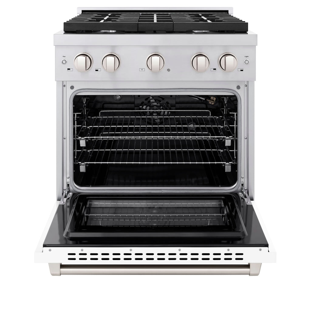 ZLINE 30 in. 4.2 cu. ft. 4 Burner Gas Range with Convection Gas Oven in Stainless Steel with White Matte Door (SGR-WM-30) front, oven open.