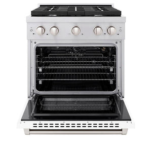 ZLINE 30 in. 4.2 cu. ft. Paramount Gas Range with 4 Burner Cooktop and Convection Gas Oven in Stainless Steel with White Matte Door (SGR-WM-30) front, open.