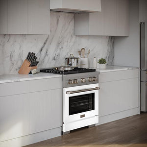ZLINE 30 in. 4.2 cu. ft. Paramount Gas Range with 4 Burner Cooktop and Convection Gas Oven in Stainless Steel with White Matte Door (SGR-WM-30) in a luxury kitchen, side.