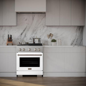 ZLINE 30 in. 4.2 cu. ft. Paramount Gas Range with 4 Burner Cooktop and Convection Gas Oven in Stainless Steel with White Matte Door (SGR-WM-30) in a luxury kitchen, front.