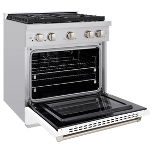 ZLINE 30 in. 4.2 cu. ft. 4 Burner Gas Range with Convection Gas Oven in Stainless Steel with White Matte Door (SGR-WM-30) side, oven open.