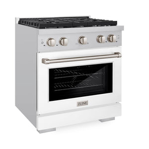 ZLINE 30 in. 4.2 cu. ft. Paramount Gas Range with 4 Burner Cooktop and Convection Gas Oven in Stainless Steel with White Matte Door (SGR-WM-30) side.