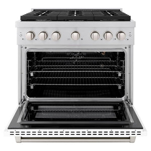 ZLINE 36 in. 5.2 cu. ft. Paramount Gas Range with 6 Burner Cooktop and Convection Gas Oven in Stainless Steel with White Matte Door (SGR-WM-36) front, open.