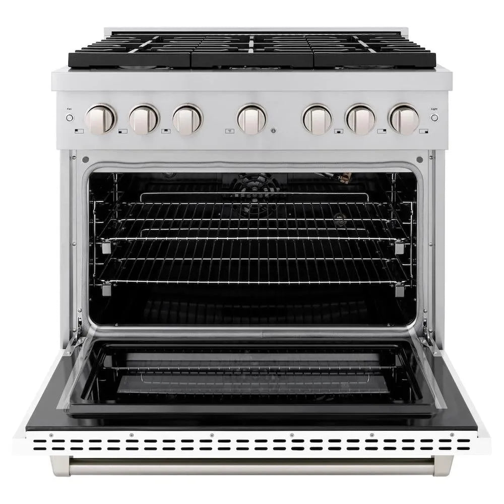 ZLINE 36 in. 5.2 cu. ft. Paramount Gas Range with 6 Burner Cooktop and Convection Gas Oven in Stainless Steel with White Matte Door (SGR-WM-36) front, open.