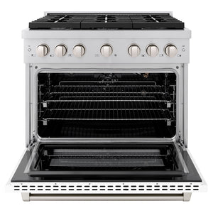 ZLINE 36 in. 5.2 cu. ft. 6 Burner Gas Range with Convection Gas Oven in Stainless Steel with White Matte Door (SGR-WM-36) front, oven open.