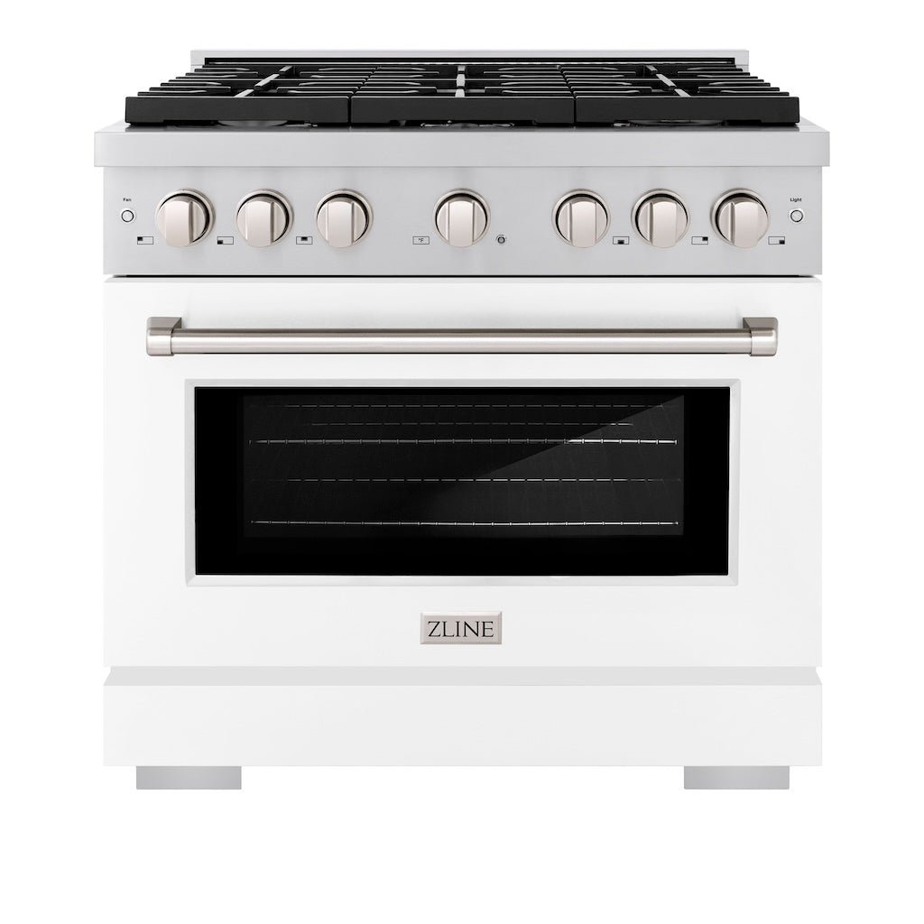 ZLINE 36 in. 5.2 cu. ft. 6 Burner Gas Range with Convection Gas Oven in Stainless Steel with White Matte Door (SGR-WM-36) front, oven closed.