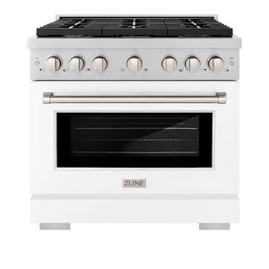 ZLINE 36 in. 5.2 cu. ft. Paramount Gas Range with 6 Burner Cooktop and Convection Gas Oven in Stainless Steel with White Matte Door (SGR-WM-36) front, oven closed.