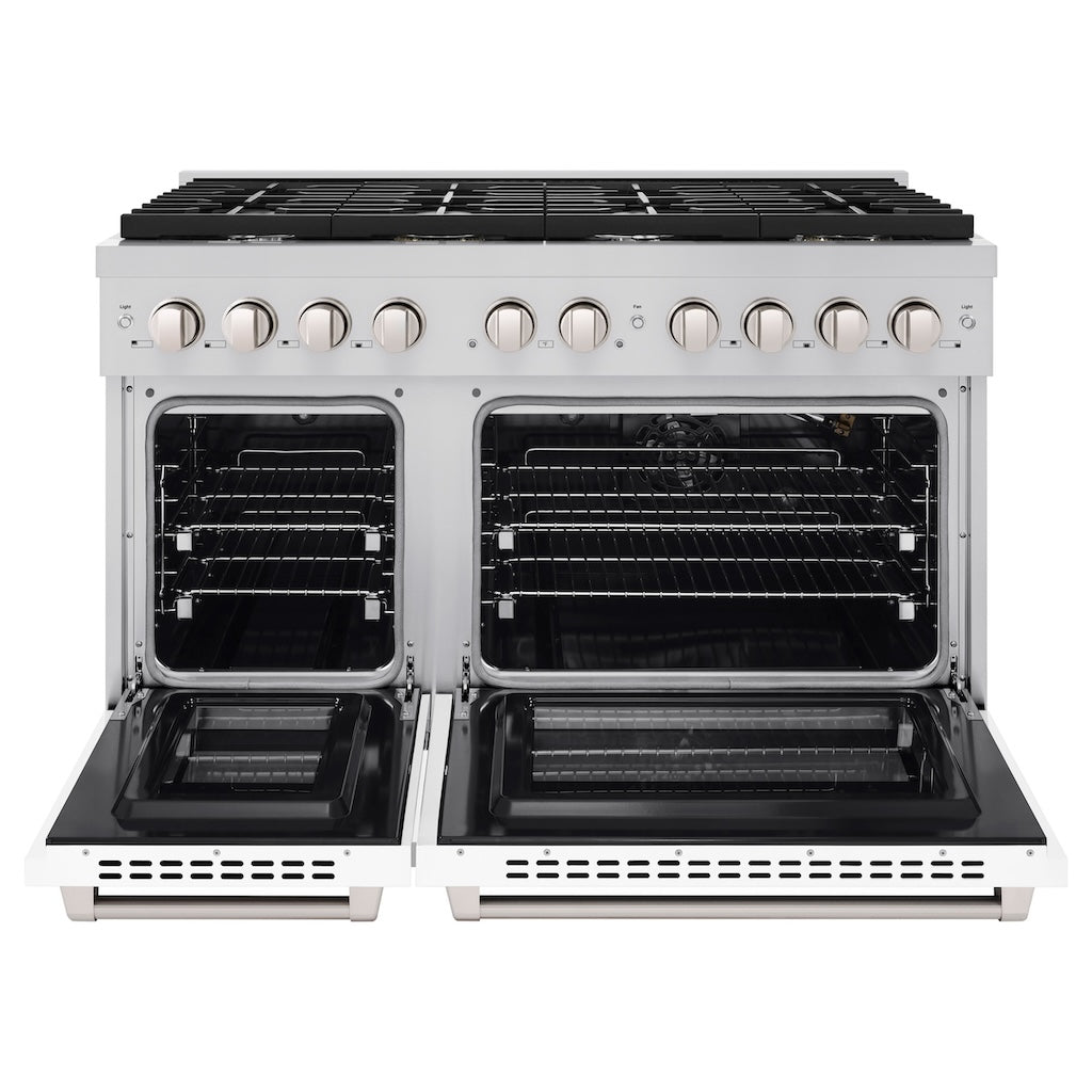 ZLINE 48 in. 6.7 cu. ft. 8 Burner Double Oven Gas Range in Stainless Steel with White Matte Doors (SGR-WM-48) front, oven open.