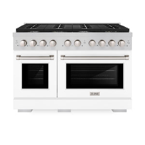 ZLINE 48 in. 6.7 cu. ft. 8 Burner Double Oven Gas Range in Stainless Steel with White Matte Doors (SGR-WM-48) front, oven closed.