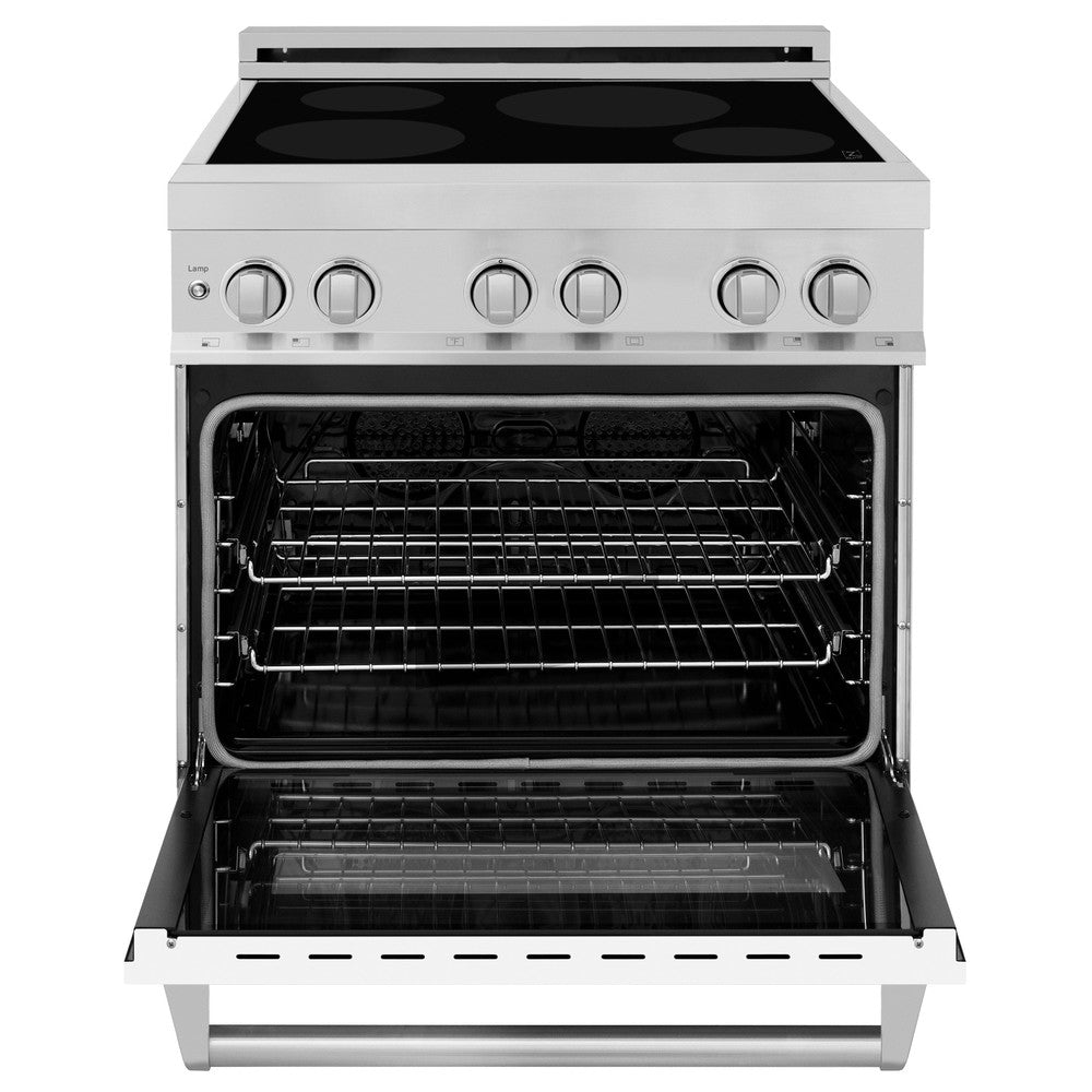 ZLINE 30 in. 4.0 cu. ft. Induction Range with a 4 Induction Element Stove and Electric Oven in Stainless Steel with White Matte Door (RAIND-WM-30) front, oven door open.