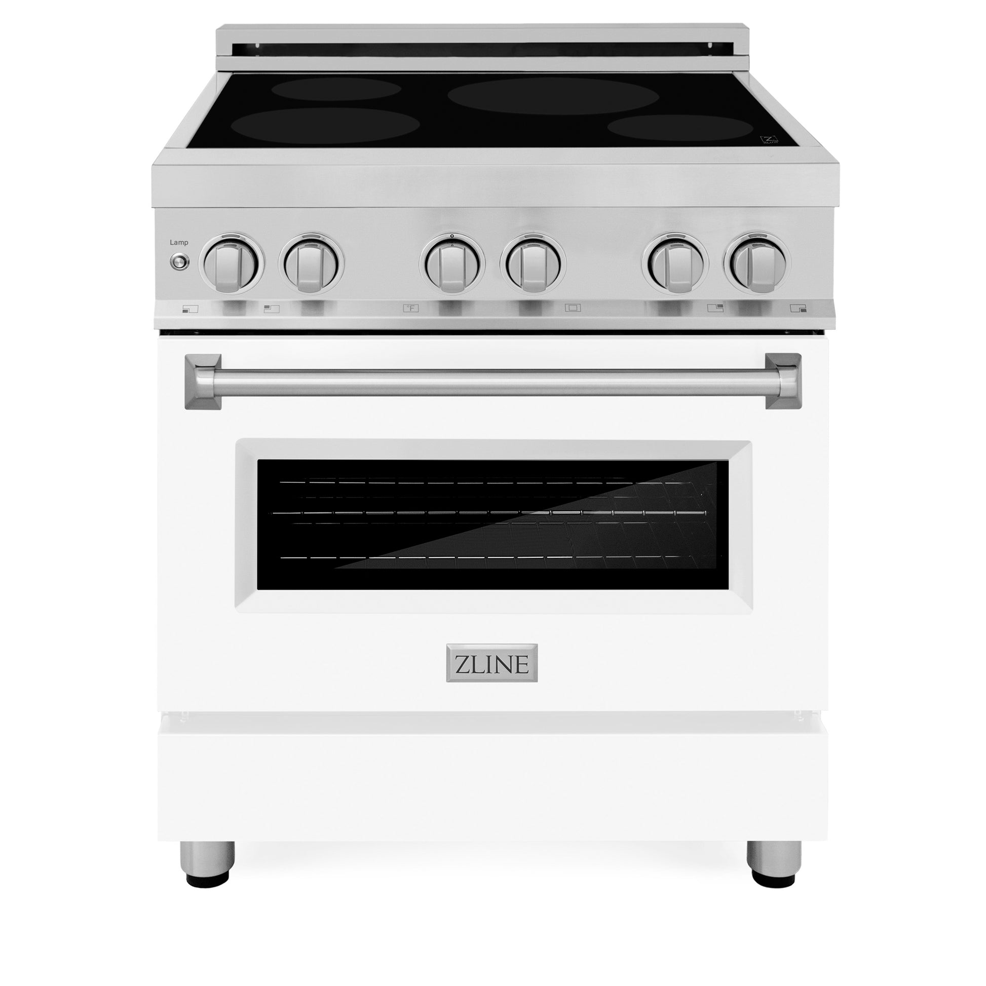 ZLINE 30 in. 4.0 cu. ft. Legacy Induction Range with 4 Element Cooktop and Electric Oven in Stainless Steel and White Matte Door (RAIND-WM-30) front, oven closed.