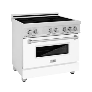 ZLINE 36 in. 4.6 cu. ft. Induction Range with a 4 Element Stove and Electric Oven in Stainless Steel with White Matte Door (RAIND-WM-36) side, oven closed.