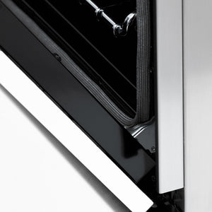 Close-up StayPut Oven Door Hinges on ZLINE 36 in. 4.6 cu. ft. Induction Range with a 4 Element Stove and Electric Oven in Stainless Steel with White Matte Door (RAIND-WM-36)