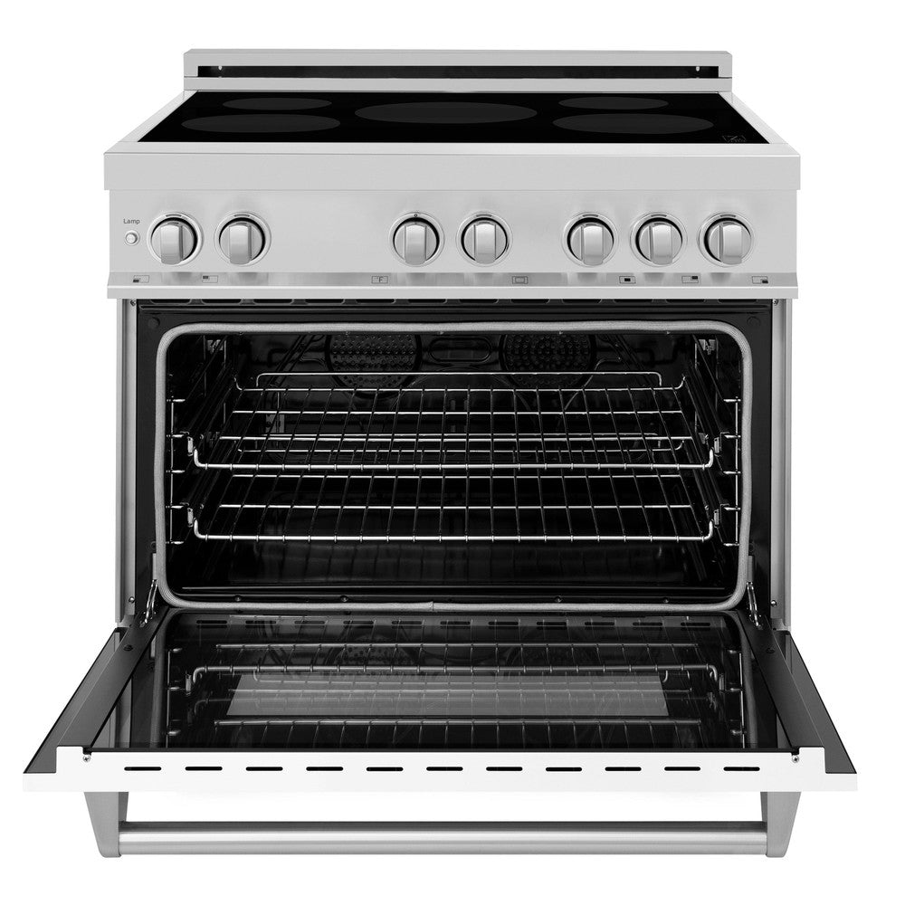 ZLINE 36 in. 4.6 cu. ft. Induction Range with a 4 Element Stove and Electric Oven in Stainless Steel with White Matte Door (RAIND-WM-36) front, oven door open.