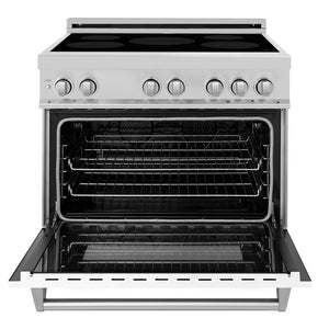 ZLINE 36 in. 4.6 cu. ft. Induction Range with a 4 Element Stove and Electric Oven in Stainless Steel with White Matte Door (RAIND-WM-36) front, oven door open.