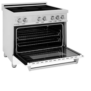 ZLINE 36 in. 4.6 cu. ft. Induction Range with a 4 Element Stove and Electric Oven in Stainless Steel with White Matte Door (RAIND-WM-36) side, oven door open.