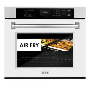 ZLINE 30 in. Professional True Convection Single Wall Oven with Air Fry and Self Clean in Stainless Steel with White Matte Door (WAS-WM-30) front, closed, with food cooking by air fry.