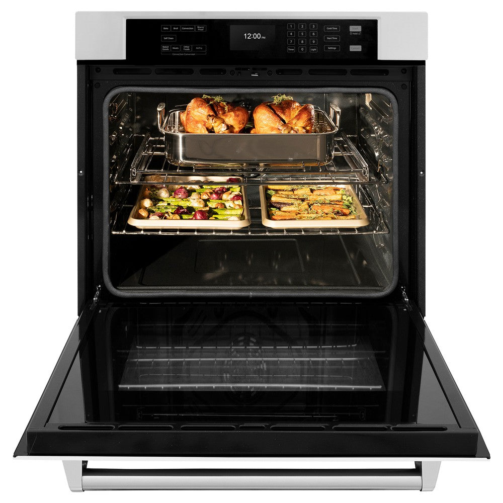 ZLINE 30 in. Professional True Convection Single Wall Oven with Air Fry and Self Clean in Stainless Steel with White Matte Door (WAS-WM-30) front, open.